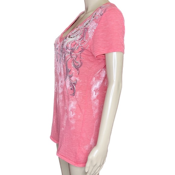 Miss Me Mesh Jeweled Tribal Angel Wing Burnout V-Neck Top Size Large - Picture 3 of 6